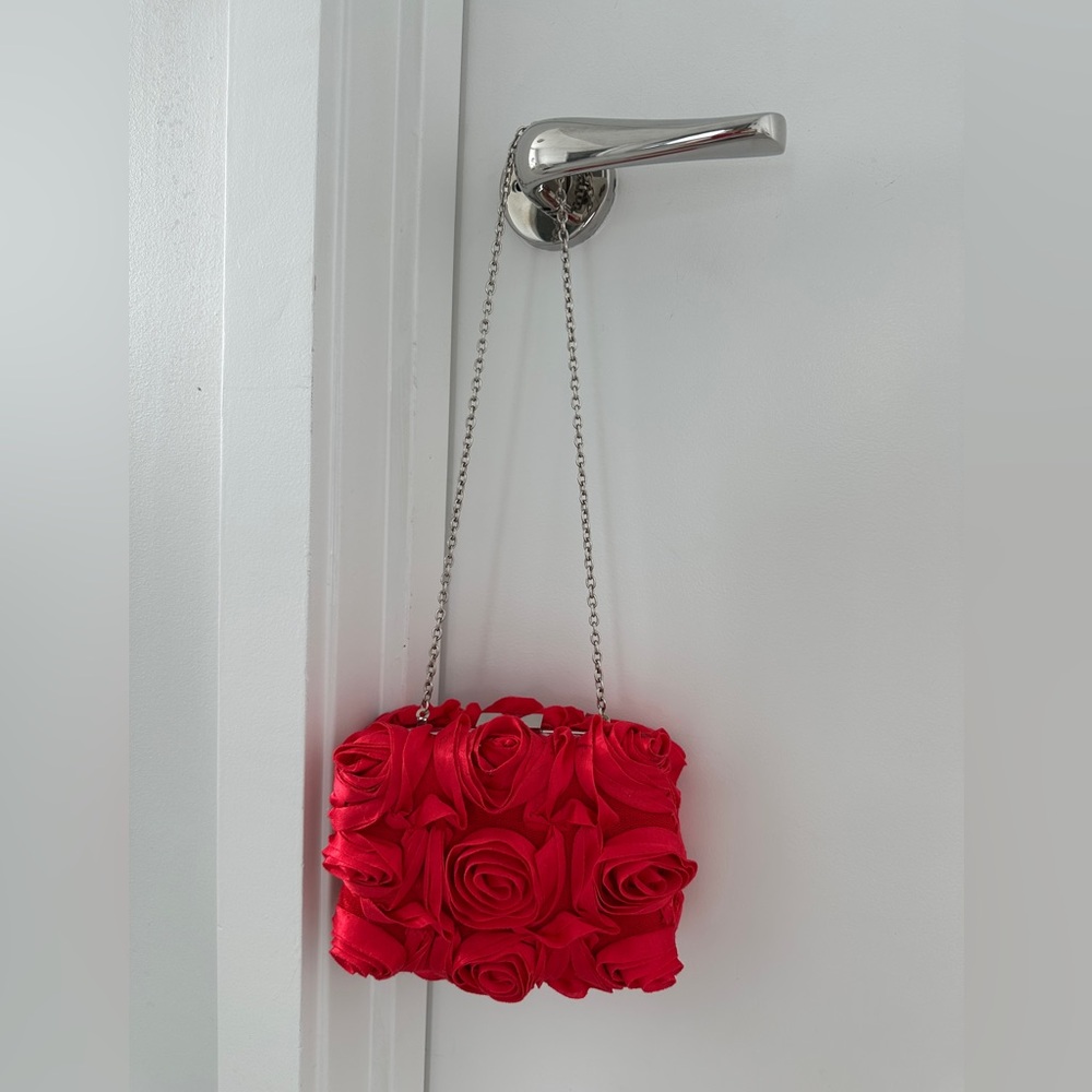 Red Floral Evening Bag with Chain Strap